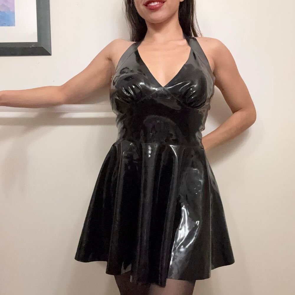 Honour Clothing UK 100% latex rubber black Retro Halter Neck Dress. Size L.